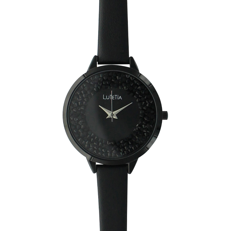 Montre Lutetia noire boîtier métal et bracelet cuir de veau, cadran avec pierres synthétiques