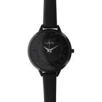 Montre Lutetia noire boîtier métal et bracelet cuir de veau, cadran avec pierres synthétiques
