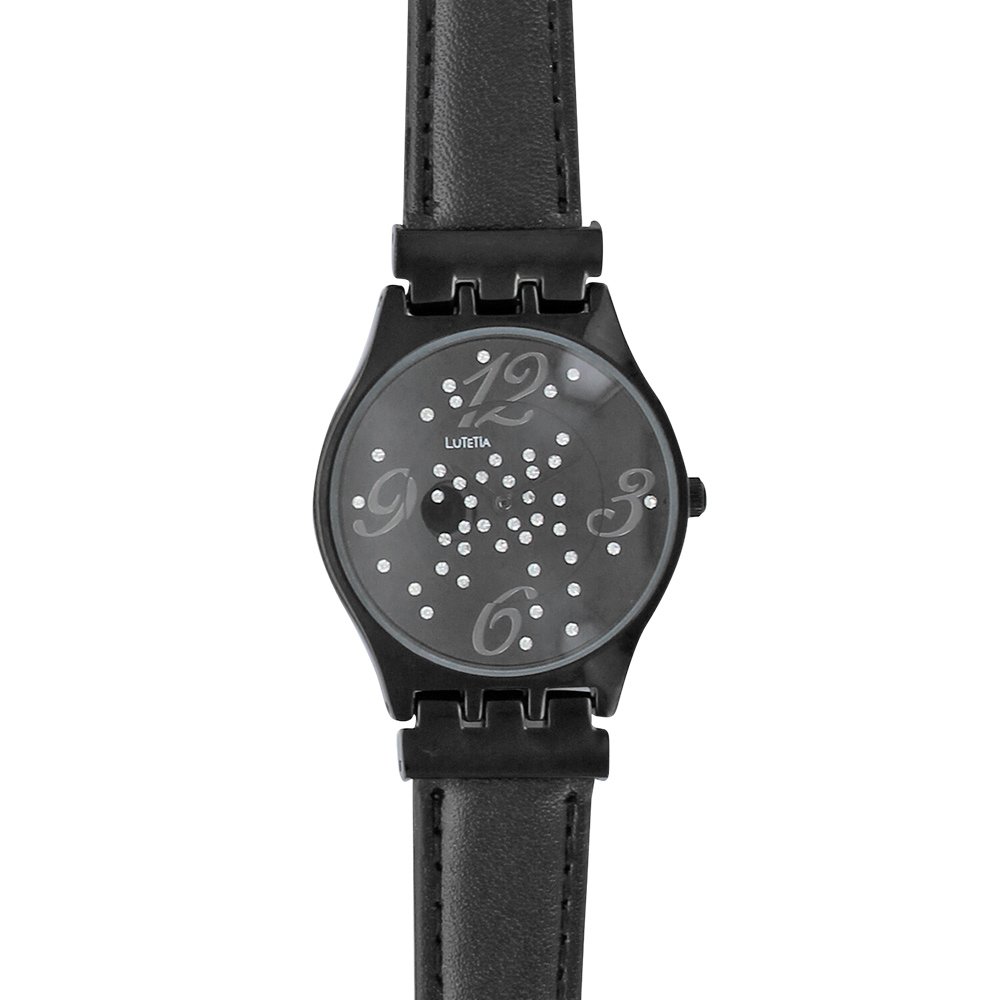 Montre Lutetia noire boîtier métal, pierres synthétiques et bracelet en cuir de bovin