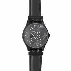 Montre Lutetia noire boîtier métal, pierres synthétiques et bracelet en cuir de bovin