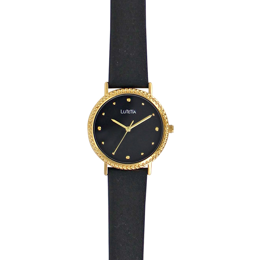 Montre Lutetia noire, boîtier perlé métal doré, bracelet cuir de veau