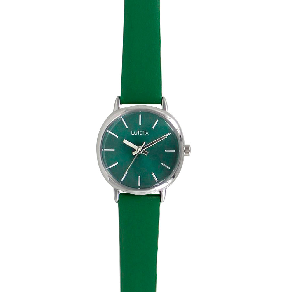 Montre Lutetia verte, boîtier coussin métal argenté, bracelet cuir de veau