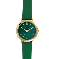 Montre Lutetia verte, boîtier rond facetté métal doré, bracelet cuir de veau