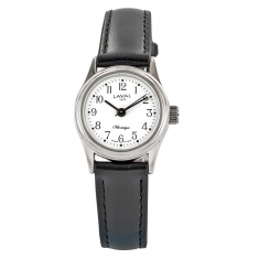 Montre mécanique dame, boîtier acier, chiffres arabes, bracelet synthétique noir, étanche 30m