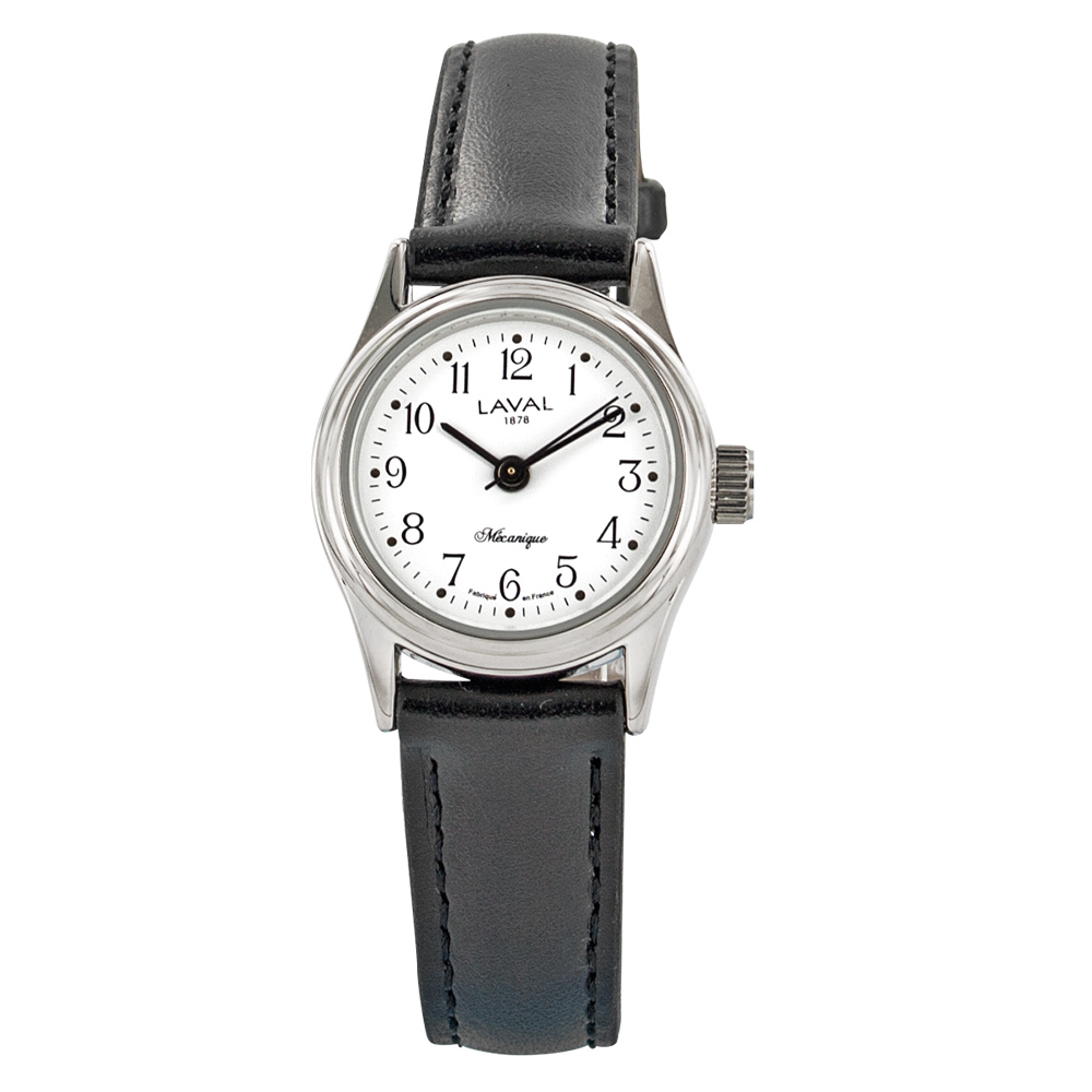 Montre mécanique dame, boîtier acier, chiffres arabes, bracelet synthétique noir, étanche 30m