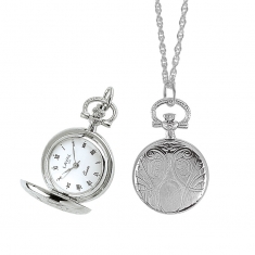 Montre pendentif à couvercle motif écusson, laiton argenté, 3 aiguilles et chiffres romains