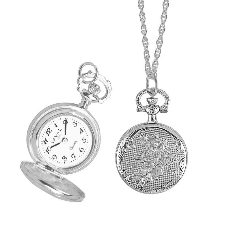 Montre pendentif à couvercle motif fleurs, laiton argenté, 2 aiguilles, chiffres arabes