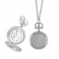 Montre pendentif à couvercle motif fleurs, laiton argenté, 2 aiguilles, chiffres arabes