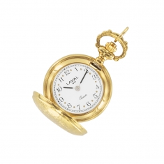 Montre pendentif à couvercle motif fleurs, laiton doré, 2 aiguilles et chiffres arabes