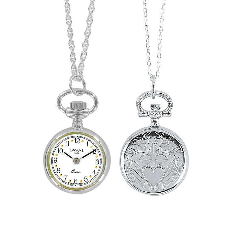 Montre pendentif coeur, laiton argenté, 2 aiguilles, index et chiffres arabes