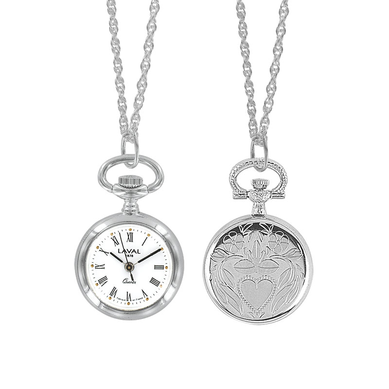 Montre pendentif coeur, laiton argenté, 3 aiguilles, index et chiffres romains