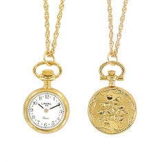 Montre pendentif fleurs, laiton doré, 2 aiguilles, index et chiffres arabes