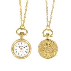 Montre pendentif fleurs, laiton doré, 3 aiguilles, index et chiffres romains