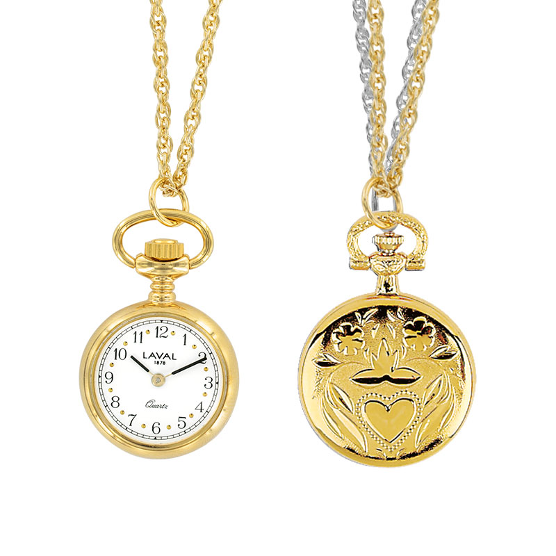 Montre pendentif motif coeur, laiton doré, 2 aiguilles, index et chiffres arabes