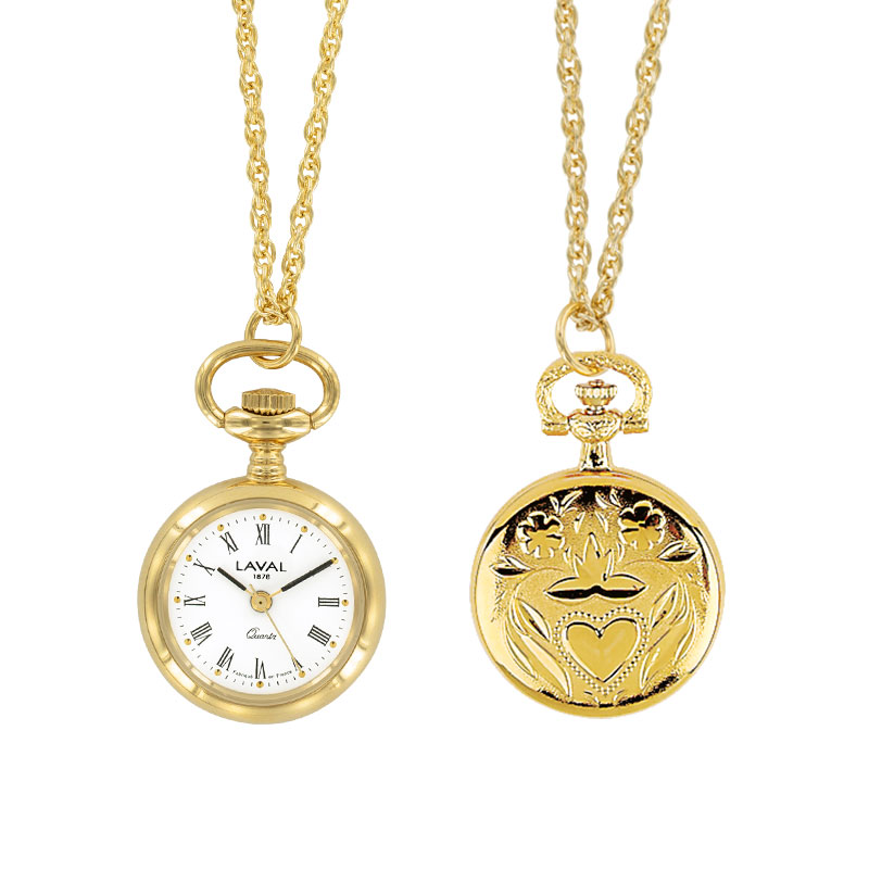 Montre pendentif motif coeur, laiton doré, 3 aiguilles, index et chiffres romains