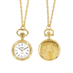 Montre pendentif motif écusson, laiton doré, 3 aiguilles, index et chiffres romains