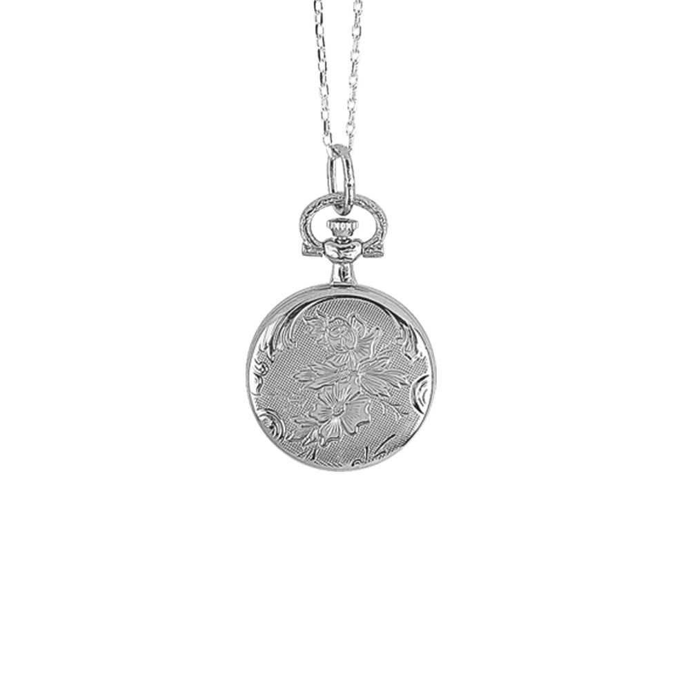 Montre pendentif motif fleurs, laiton argenté, 2 aiguilles, index et chiffres arabes