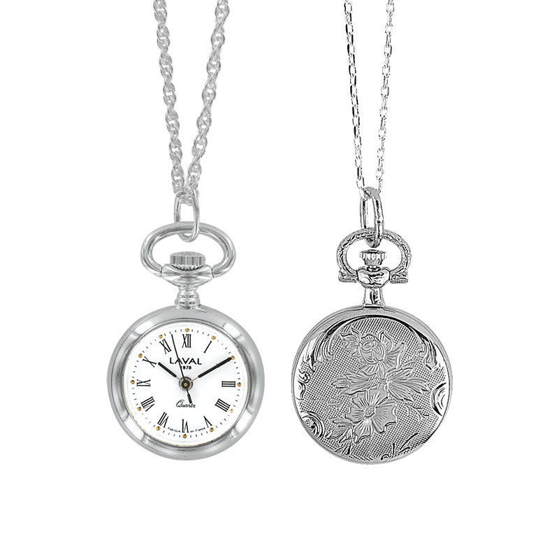 Montre pendentif motif fleurs, laiton argenté, 3 aiguilles, index et chiffres romains