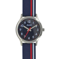 Montre pour enfant, boîtier acier et bracelet plastique bleu rayure blanche et rouge, mvt PC21