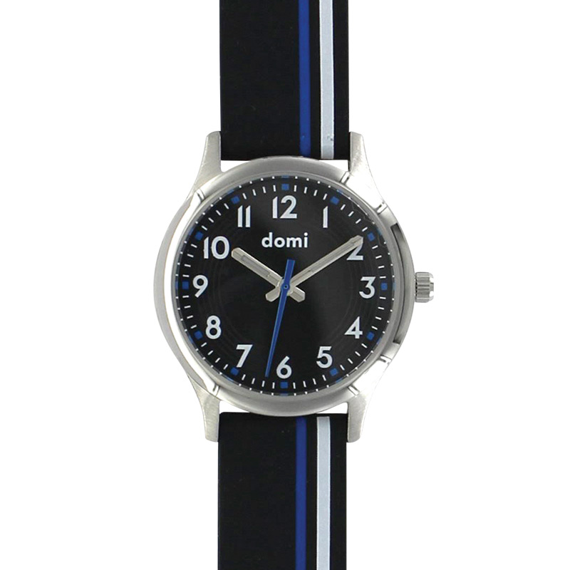 Montre pour enfant, boîtier acier et bracelet plastique noir rayure blanche et bleu, mvt PC21