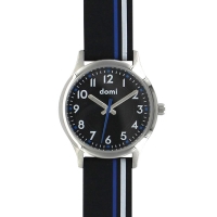 Montre pour enfant, boîtier acier et bracelet plastique noir rayure blanche et bleu, mvt PC21