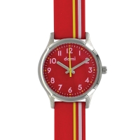 Montre pour enfant, boîtier acier et bracelet plastique rouge rayure blanche et jaune, mvt PC21