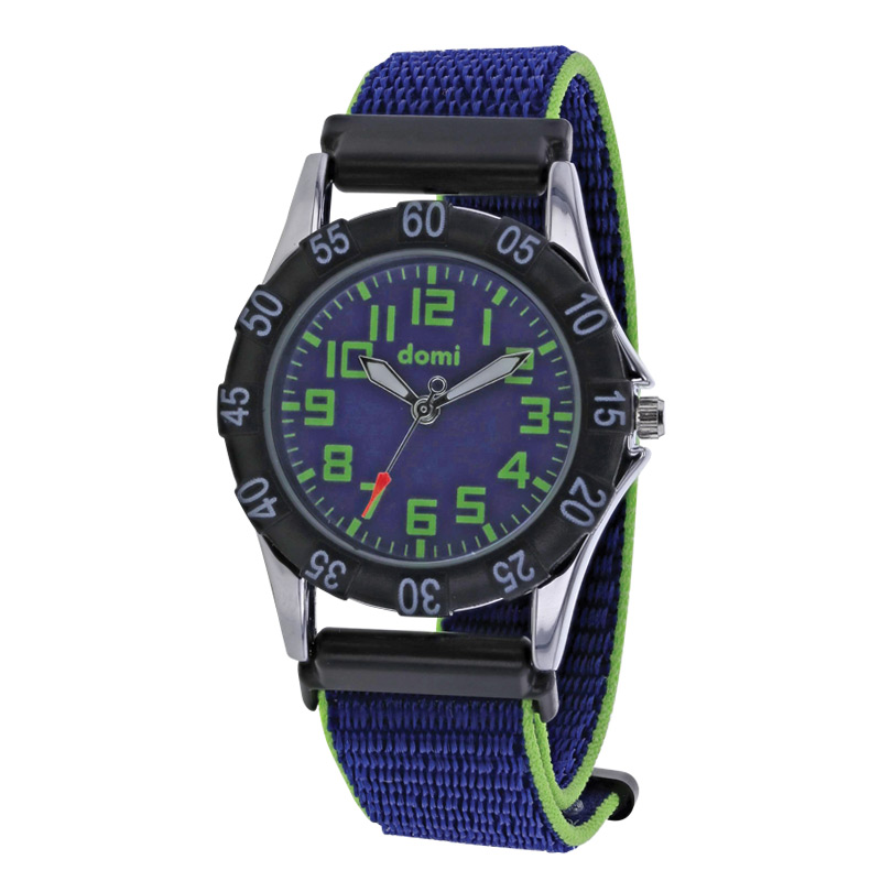 Montre pour enfant, boîtier métal et bracelet tissu velcro bleu foncé, mvt PC21S