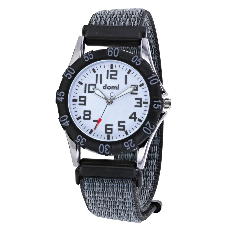 Montre pour enfant, boîtier métal et bracelet tissu velcro gris, mvt PC21S