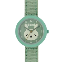 Montre pour enfant motif lapin, boîtier métal et bracelet synthétique vert, mvt 2035