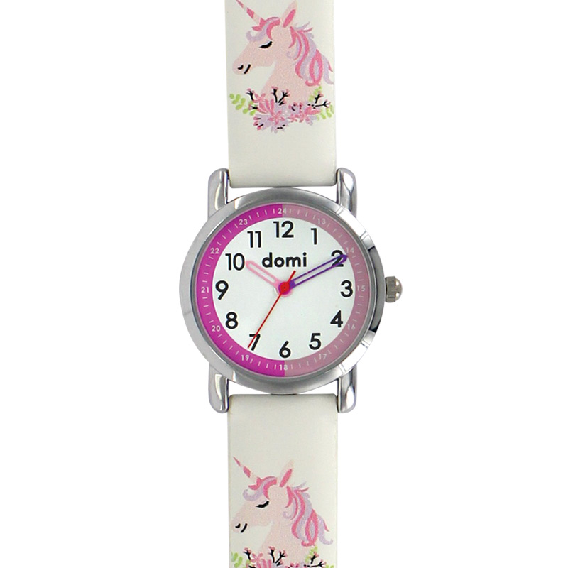 Montre pour enfant motif licorne boîtier métal et bracelet synthétique rose, mvt 2035