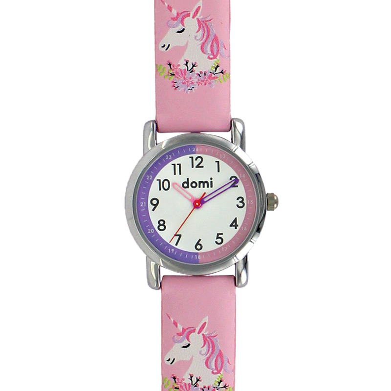Montre pour enfant motif licorne boîtier métal et bracelet synthétique rose, mvt 2035