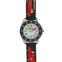 Montre pour enfant motifs camion de pompiers boîtier métal et bracelet plastique noir, mvt PC21