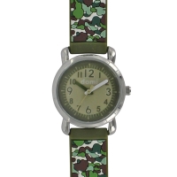 Montre pour enfant motifs camouflage boîtier métal et bracelet plastique vert, mvt PC21