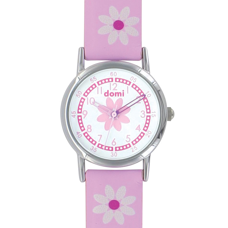 Montre pour enfant motifs fleurs, boîtier métal et bracelet synthétique bleu, mvt 2035