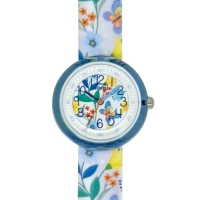 Montre pour enfant motifs fleurs et papillons, boîtier et bracelet plastique bleu, mvt PC21