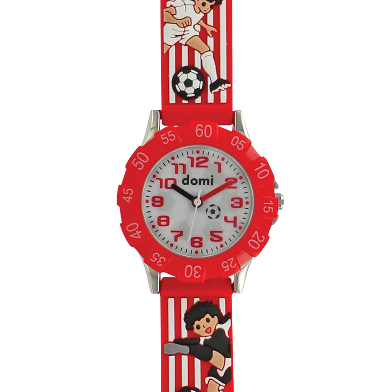 Montre pour enfant motifs football boîtier métal et bracelet plastique rouge, mvt PC21S
