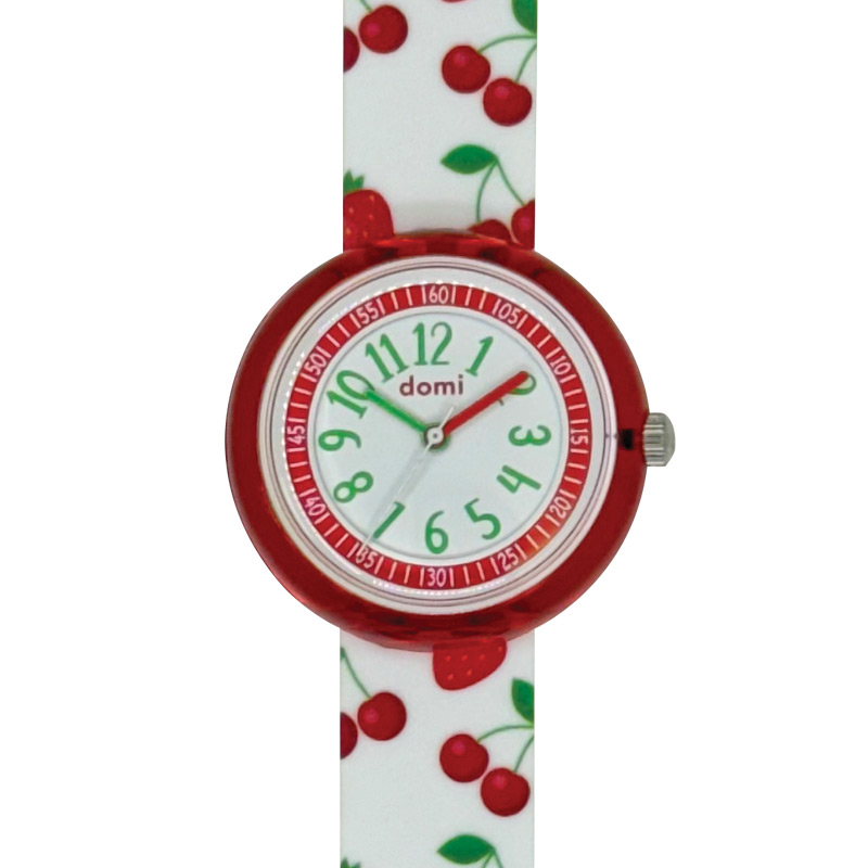Montre pour enfant motifs fraises, boîtier et bracelet plastique rouge et blanc, mvt PC21