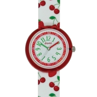 Montre pour enfant motifs fraises, boîtier et bracelet plastique rouge et blanc, mvt PC21