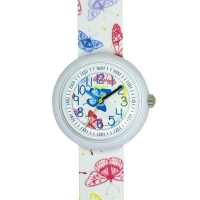 Montre pour enfant motifs papillons, boîtier et bracelet plastique blanc, mvt PC21