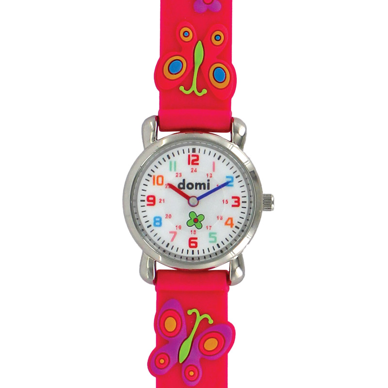 Montre pour enfant motifs papillons boîtier métal et bracelet plastique fuchsia, mvt PC21