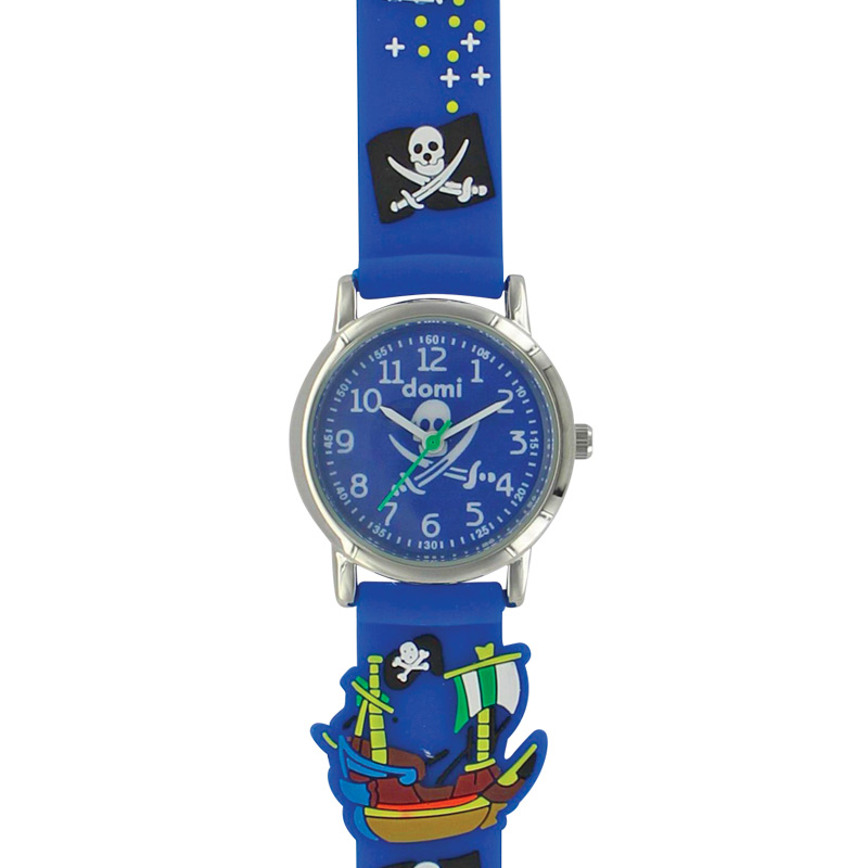 Montre pour enfant motifs pirates, boîtier métal et bracelet plastique bleu, mvt PC21