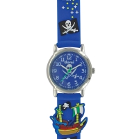 Montre pour enfant motifs pirates, boîtier métal et bracelet plastique bleu, mvt PC21