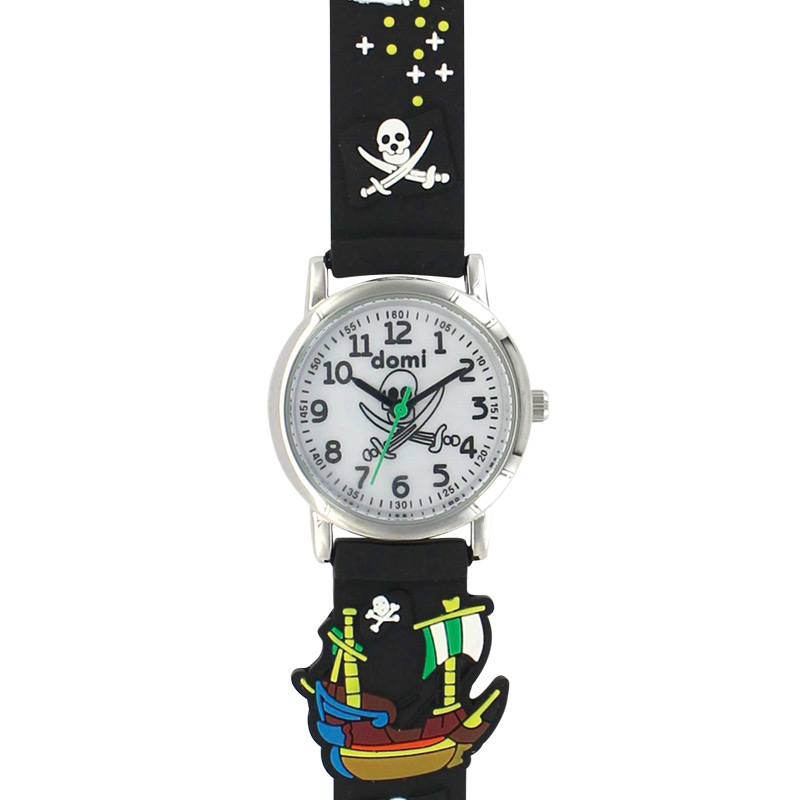 Montre pour enfant motifs pirates, boîtier métal et bracelet plastique noir, mvt PC21