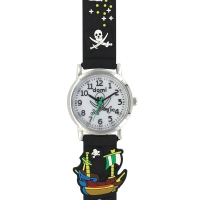 Montre pour enfant motifs pirates, boîtier métal et bracelet plastique noir, mvt PC21