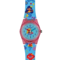 Montre pour enfant motifs sirènes, boîtier et bracelet plastique rose et blanc, mvt PC21
