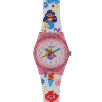 Montre pour enfant motifs sirènes, boîtier et bracelet plastique rose et blanc, mvt PC21