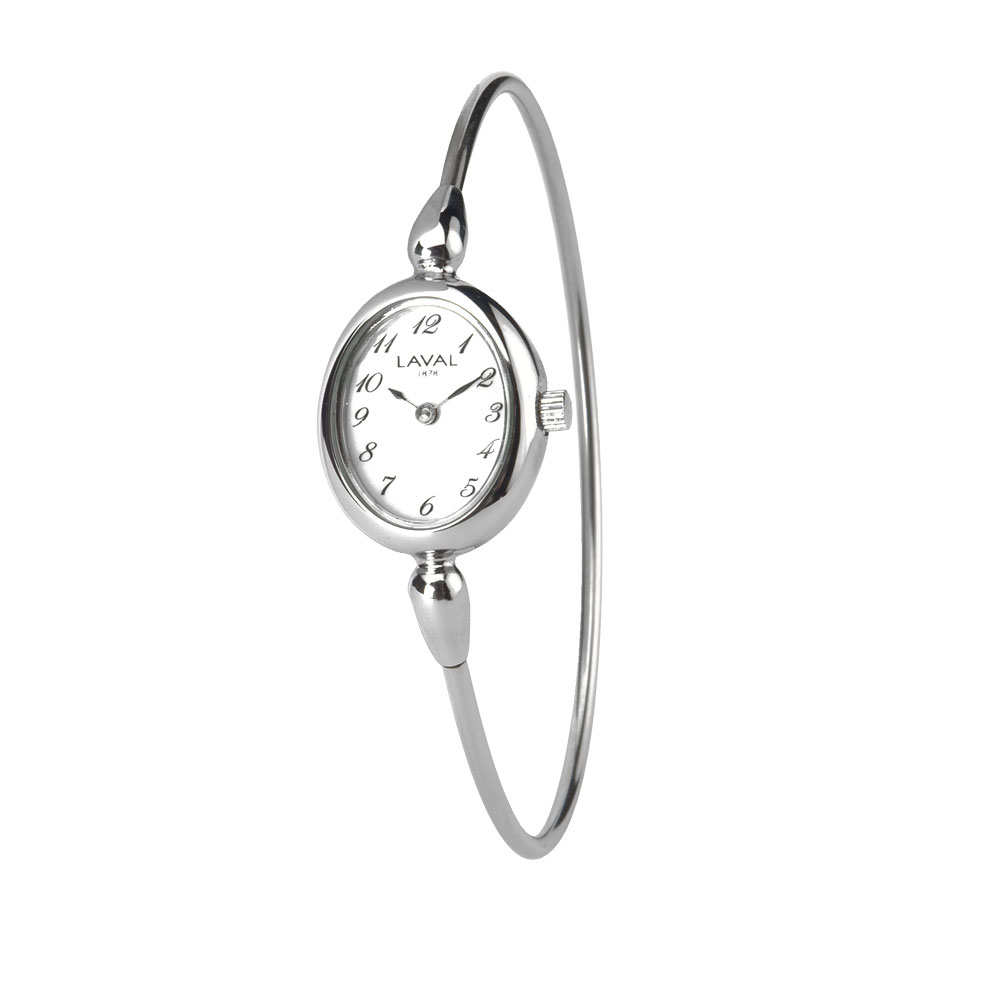 Montre tour de bras dame argentée, boîtier ovale laiton, chiffres arabes et bracelet acier rigide
