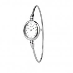 Montre tour de bras dame argentée, boîtier ovale laiton, chiffres arabes et bracelet acier rigide