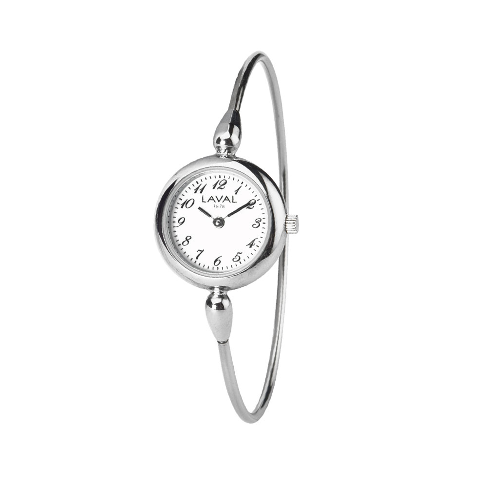 Montre tour de bras dame argentée, boîtier rond laiton, chiffres arabes et bracelet acier rigide