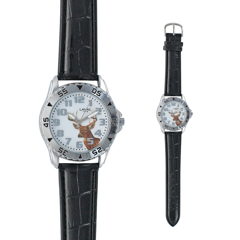 Montre trappeur motif cerf boîtier métal, fond acier et bracelet synthétique noir